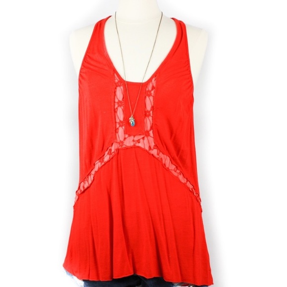 Language Tops - Language | Long Red Crochet Eyelet Tank M